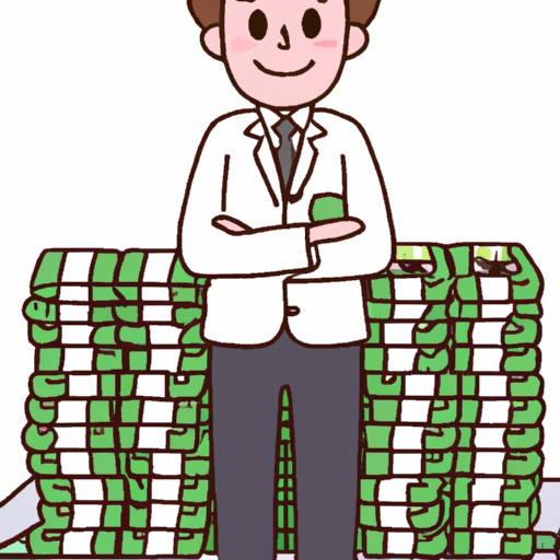 An illustration of a person standing next to a pile of money with a smile on their face