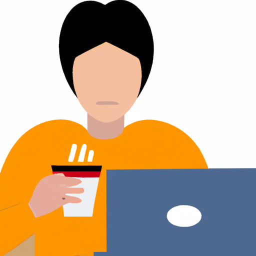 An illustration of a person with a laptop and a cup of coffee