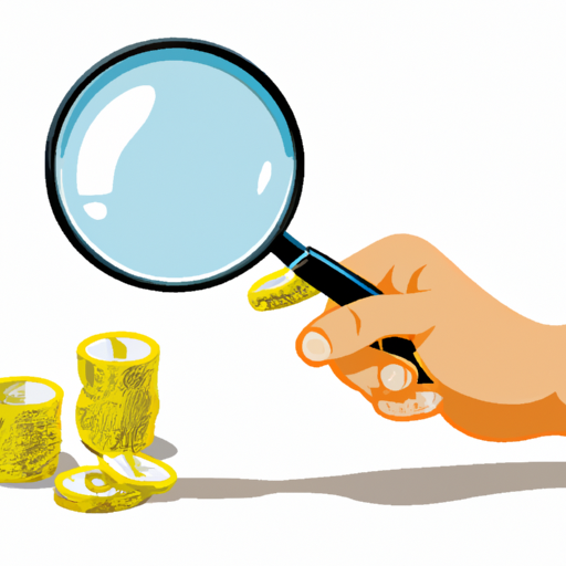 an illustration of a persons hand holding a stack of coins and a magnifying glass