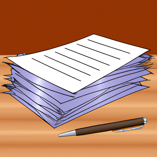 An illustration of a pile of documents on a wooden desk with a pen