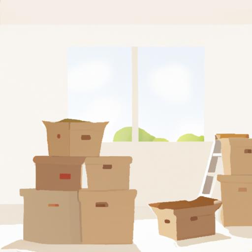 An illustration of a stack of boxes in a bright and airy room