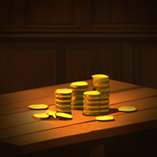An illustration of a stack of gold coins on a wooden table in a dimly lit room