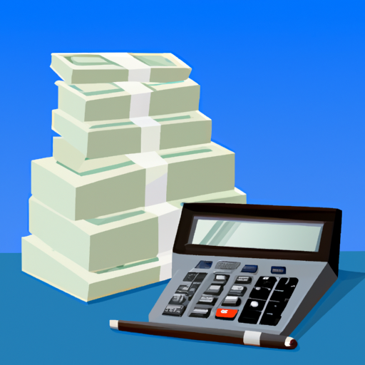 An illustration of a stack of paper money and a calculator in front of a blue background