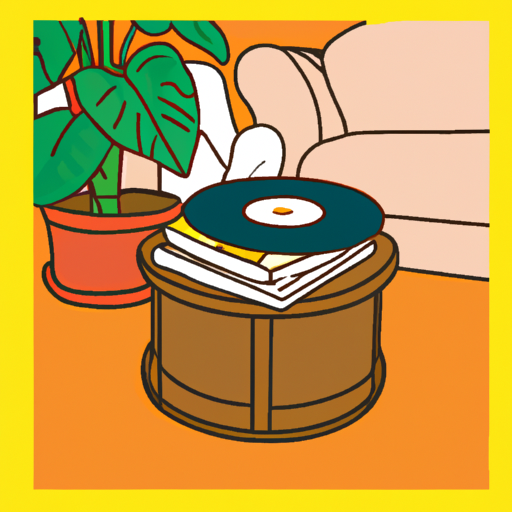 An illustration of a stack of records in a cozy living room