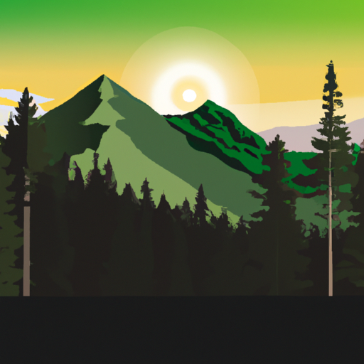 An illustration of a wooded landscape with the sun setting behind a mountain peak