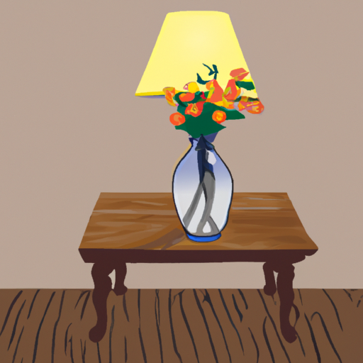 An illustration of a wooden table with a vase of flowers and a lamp