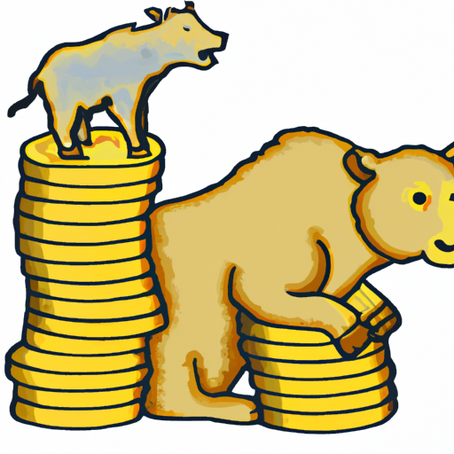 An illustration of a yellow bull and bear perched atop a stack of coins