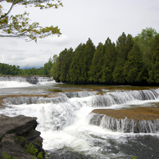 An image of a river with waterfalls and trees on either side