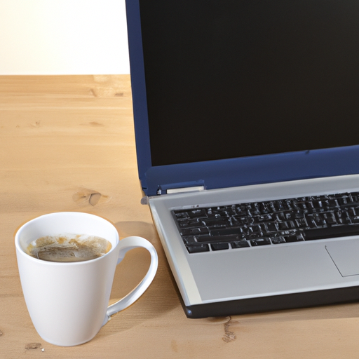 A laptop with a coffee mug next to it on a wooden desk