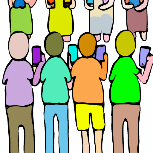 A painting of a group of people with cell phones in various colors