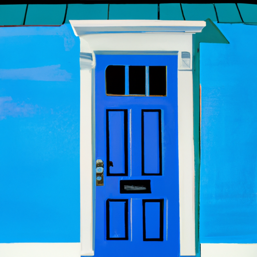 A painting of a home with a bright blue door