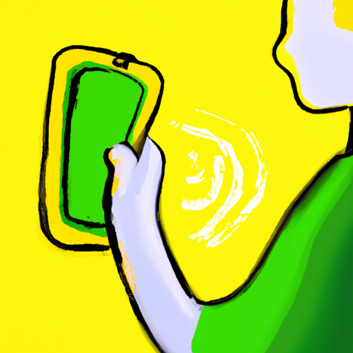 A painting of a person using a yellow and green cell phone