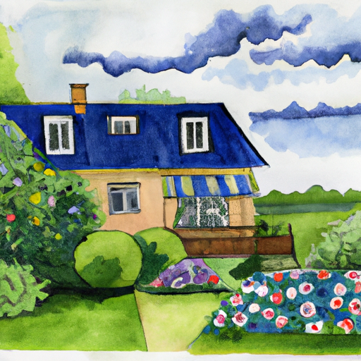 A painting of a residential house with a blue roof surrounded by a garden