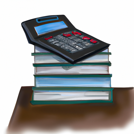 A painting of a stack of books with a calculator resting on top