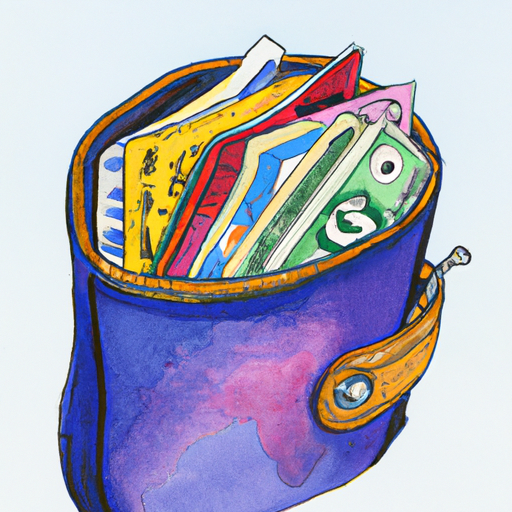 A painting of a wallet full of various bills and coins