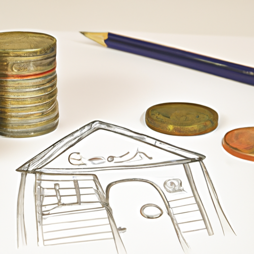 A pencil drawing of a house with a stack of coins and a mortgage document