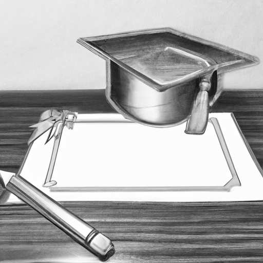 A pencil sketch of a graduation cap and diploma on a desk