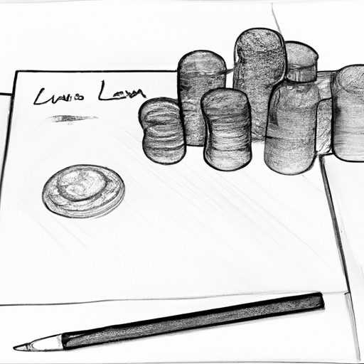 A pencil sketch of a stack of coins and a loan document
