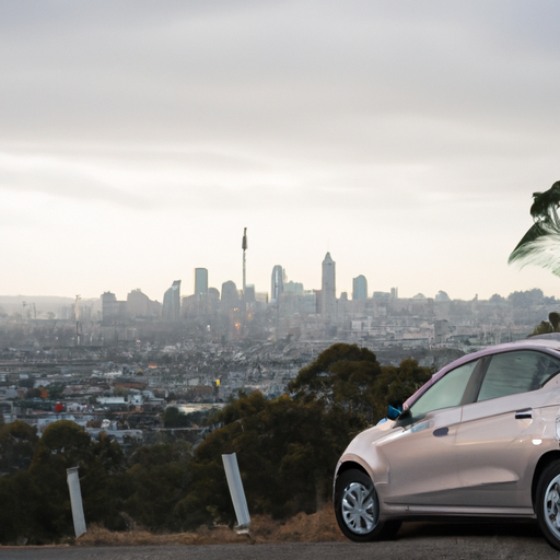 A photo of a city skyline with a car parked in the foreground