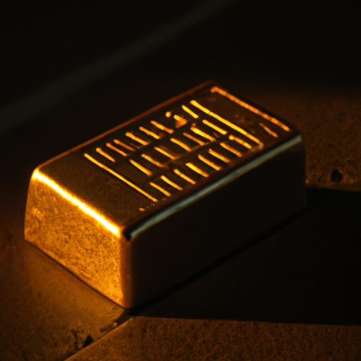 A photo of a gold brick with a beam of light shining on it