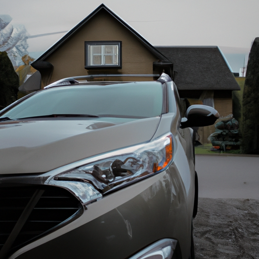 A photo of a car parked in a driveway with a house in the background