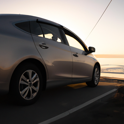 A photo of a car parked in front of a beach at sunrise