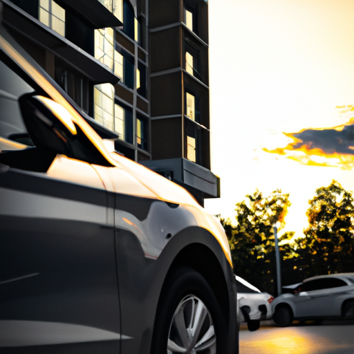 A photo of a car parked in front of a downtown building with a sunset in the background