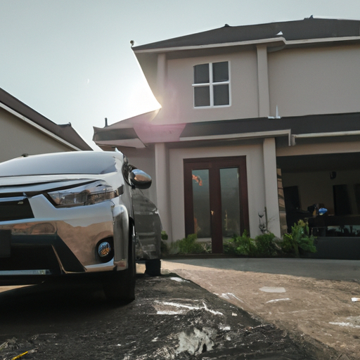 A photo of a car parked in front of a large house with a bright sun in the background