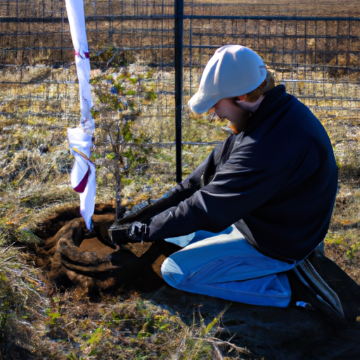 A photo of a person planting a tree in a field