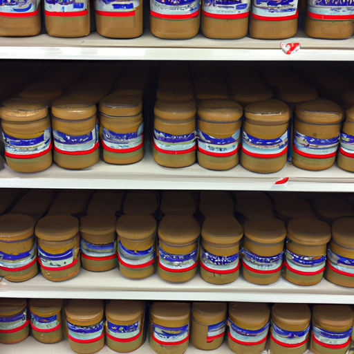 A photo of a store shelf with jars of peanut butter