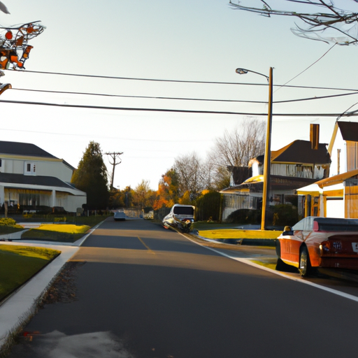 A photo of a suburban street with a variety of houses in the late afternoon