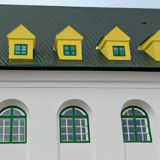 A photo of a white building with a green roof and yellow windows