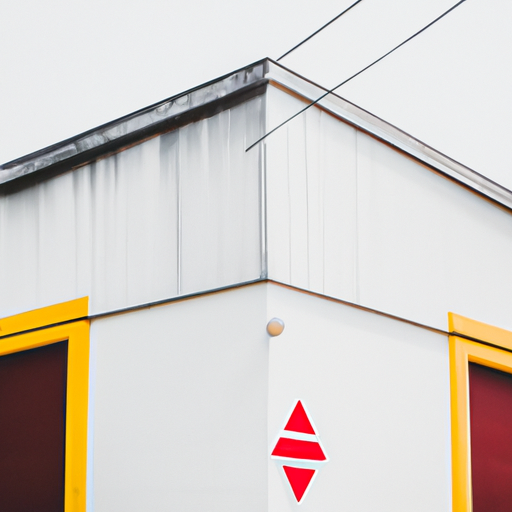 A photo of a white and yellow building with a red sign in front
