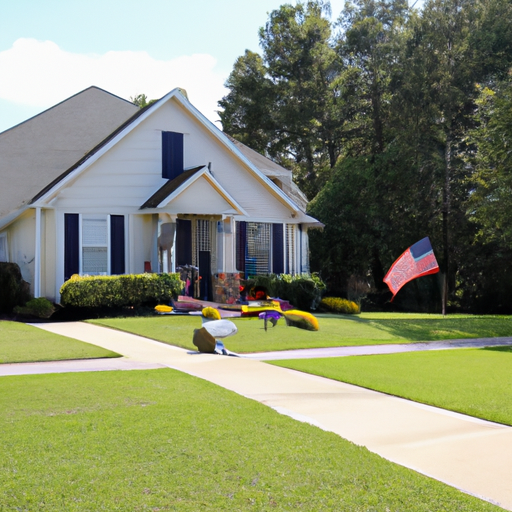 A photograph of a house with an American flag flying in the front yard