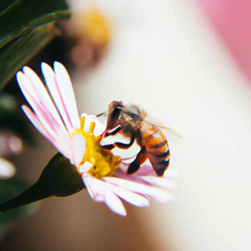 A photograph of a bee pollinating a flower in a garden