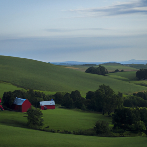 a photograph of a rural landscape with rolling hills and a red barn