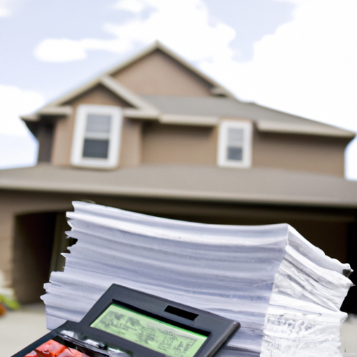 A photograph of a stack of papers with a calculator beside it and a house in the background