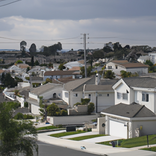 a photograph of a suburban neighborhood with white houses and trees