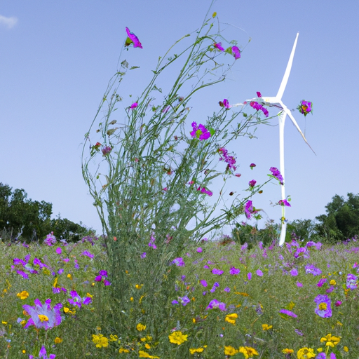 Photograph of a wind turbine in a field of wildflowers