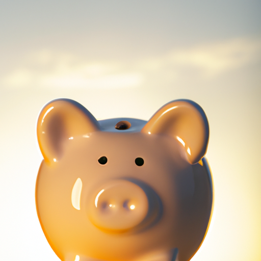 A piggy bank sitting in front of a rising sun