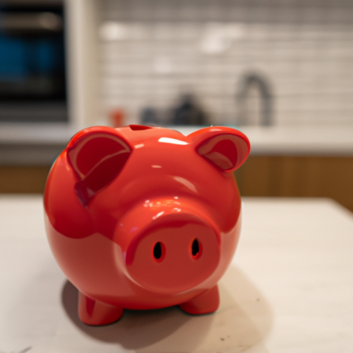 A red piggy bank sitting on a kitchen counter