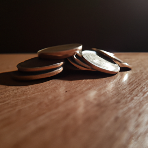 A pile of coins with a light glinting off the surface