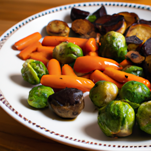 A plate of roasted vegetables including sweet potatoes Brussels sprouts and carrots on a wooden table