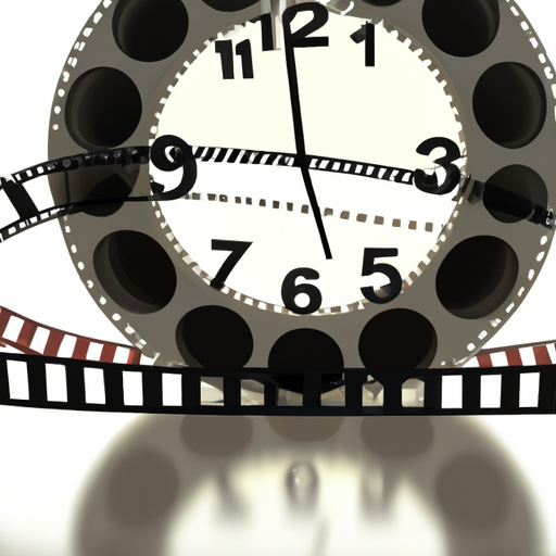 3d rendering of clock with a winding filmstrip behind it