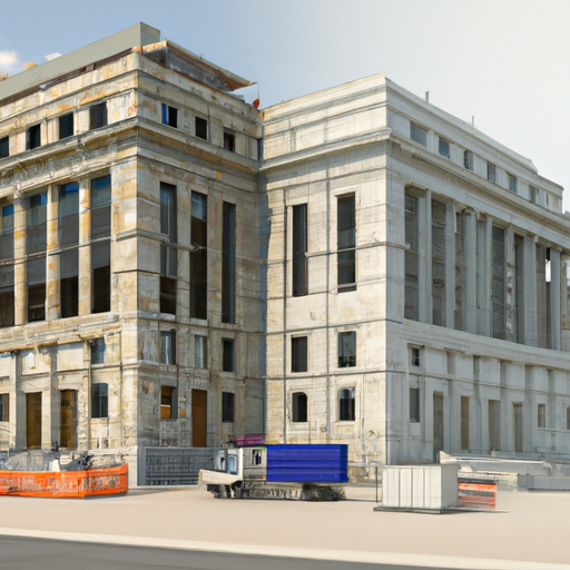 3d rendering of a government building where the left side is fully built but the right side is under construction