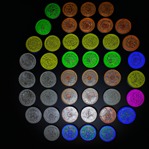 A series of different colored digital coins arranged in a circle