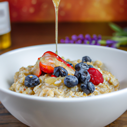 A side view of a bowl of oatmeal topped with fresh berries and a drizzle of honey