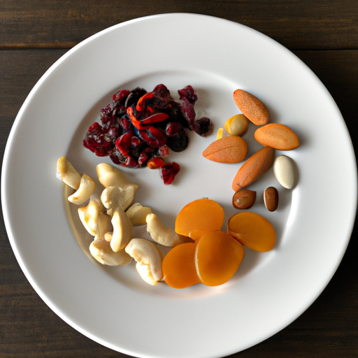 A spread of healthy snacks including nuts dried fruits and seeds on a white plate