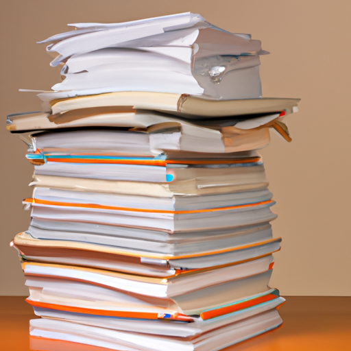 A stack of books and papers on a wooden desk