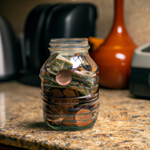 A stack of coins and bills sitting in a jar on a kitchen counter